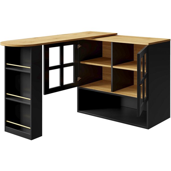 360° Drehbarer Essbar, mit Snackregal und 5 Ablageflächen, 138-204x39x102,5 cm, Schwarz