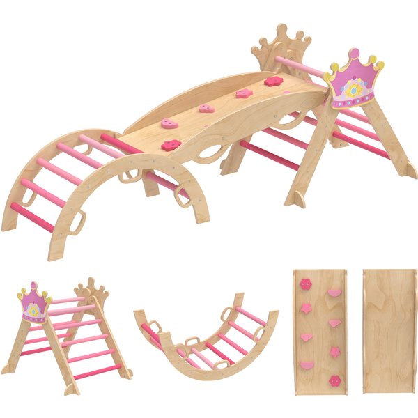 AIYAPLAY 8-in-1 Indoor Climbing Frame for Kids, Princess Design, Slide, Ramp, Arch, Wood | Aosom Ireland