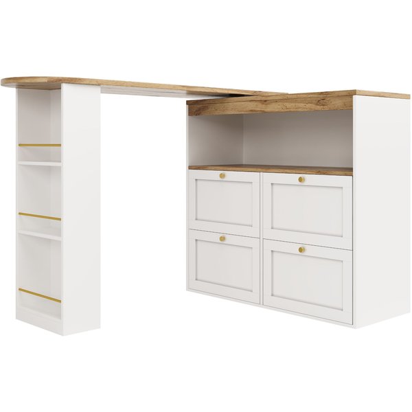 Um 360° drehbarer Bartisch, L-förmiger modularer Schrank mit 4 Schubladen und offenen Ablagen, für Esszimmer, Wohnzimmer, Weiß