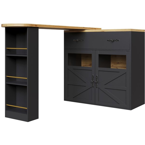 Ausziehbarer Bartisch mit Stauraum und 360° Drehfunktion, 138-204x39x104 cm, Schwarz