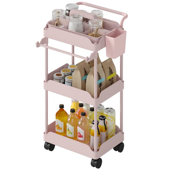 Homcom Chariot D'appoint à Roulettes 3 Niveaux Chariot De Cuisine Avec Paniers Amovibles Et Porte-Serviettes Rose-image