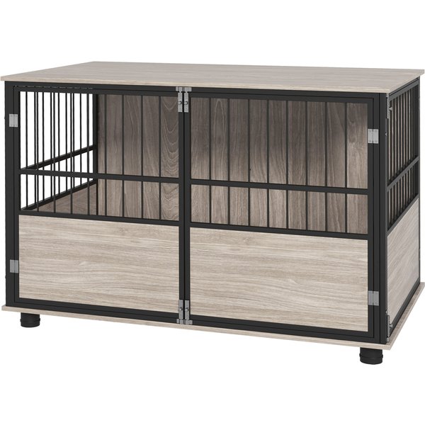 Pawhut Cage Pour Chien IntéRieur, Table D'appoint, 100 X 60 X 68 Cm, Niche, 3 Portes Verrouillables, Aspect Bois Noir-image