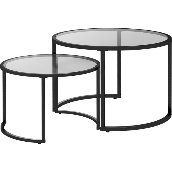 Homcom Lot De 2 Tables Basses Gigognes Rondes Plateau Verre Trempé Et Pied En Acier Au Carbone Noir-image