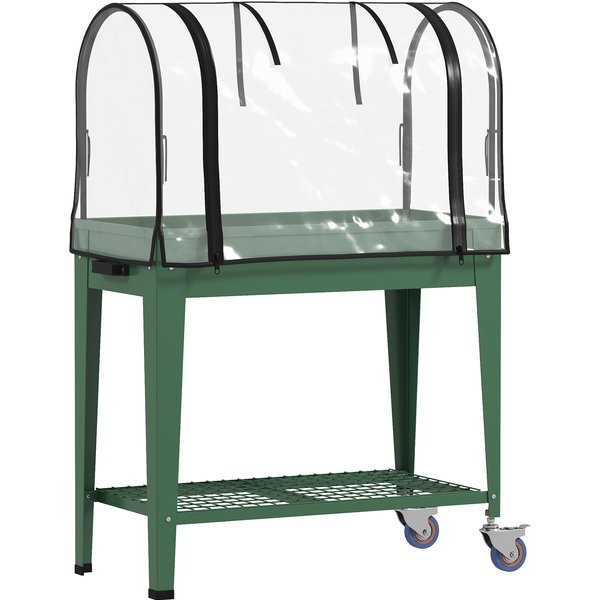 Outsunny Raised Planter with Greenhouse Cover, Mobile Elevated Garden Bed with Wheels and Bottom Shelf for Vegetables, Green