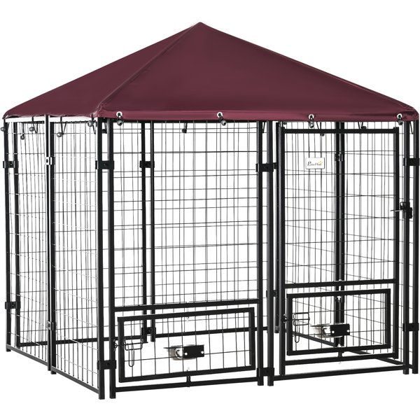 Pawhut Chenil ExtéRieur Pour Chiens Tissu Oxford Avec 2 Supports De Bol Rotatifs 8 Panneaux Toit ImperméAble 141 X 141 X 153 Cm-image