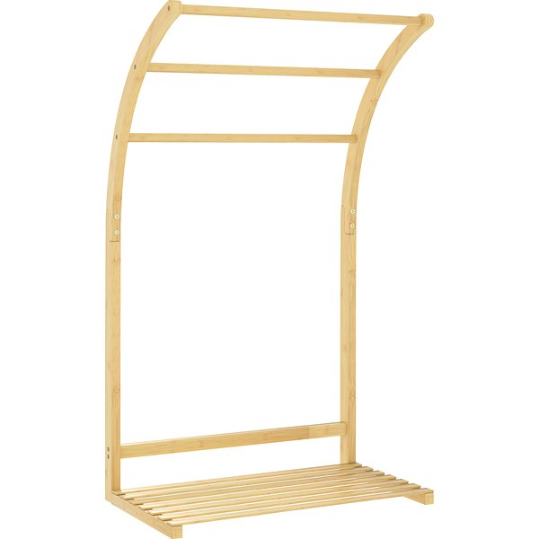 Homcom Porte-Serviettes En Bambou 3 Barres Avec éTagèRe De Rangement, Pour La Salle De Bains Et La Buanderie, Finition Naturel-image