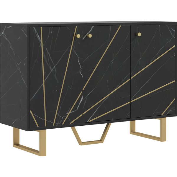 Homcom Meuble De Rangement Buffet Salon Avec 2 Placards 3 Portes Et éTagèRe RéGlable, Pieds En MéTal, Aspect Marbre Noir-image