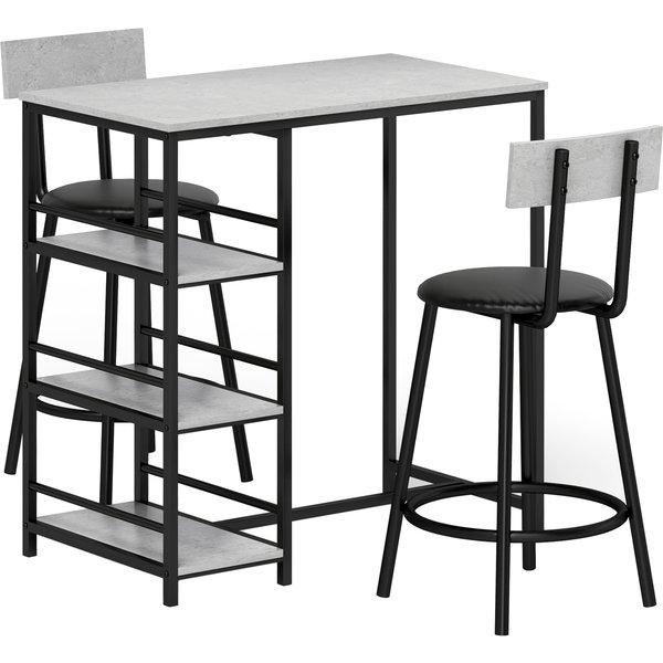 Homcom Ensemble Table De Bar Avec 2 Tabourets Et éTagèRes De Rangement Pour Salle à Manger, Cuisine, Gris Et Noir-image
