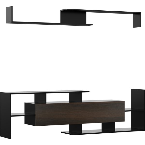 Homcom Ensemble Meuble Tv Avec Banc Et éTagèRe Murale Style Contemporain 153,6H Cm - Noir-image