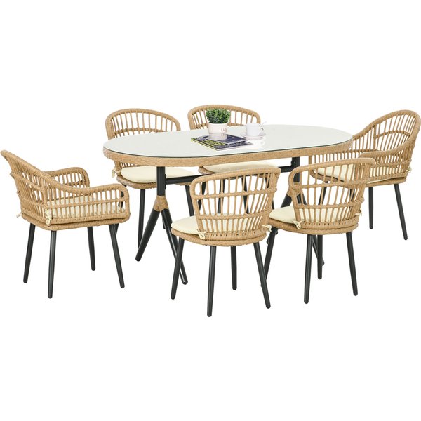 Outsunny Salon De Jardin 6 Personnes Ensemble De Salle à Manger En Rotin Pe - 1 Table Rectangulaire Et 6 Chaises Avec Coussins-image