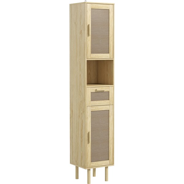Homcom Meuble Salle De Bain Colonne Rangement Salle De Bain Avec Portes En Rotin Tiroir 2 Placards 32 X 30 X 170 Cm ChêNe-image