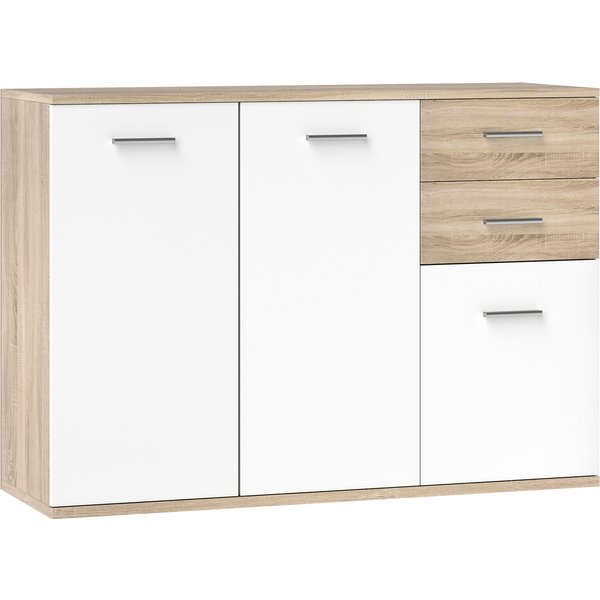 HOMCOM Sideboard Wohnzimmer, Aufbewahrungsmöbel mit 2 Schubladen, 3 Türen und höhenverstellbarem Einlegeboden, zeitgenössischer Stil, Sideboard für Esszimmer und Küche, 106 x 35 x 76 cm, weiß und Naturholz Aosom