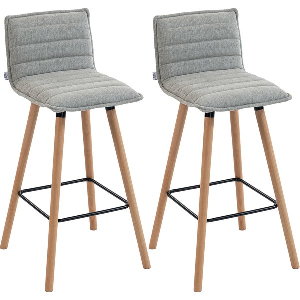 HOMCOM 2er-Set Barhocker, Barstühle, gepolsterte Sitzfläche 76,5H cm, Rückenlehne & Fußstütze, Buchenholzbeine, Leinenoptik-Stoff, Küchen- & Tresenhocker, Grau Aosom