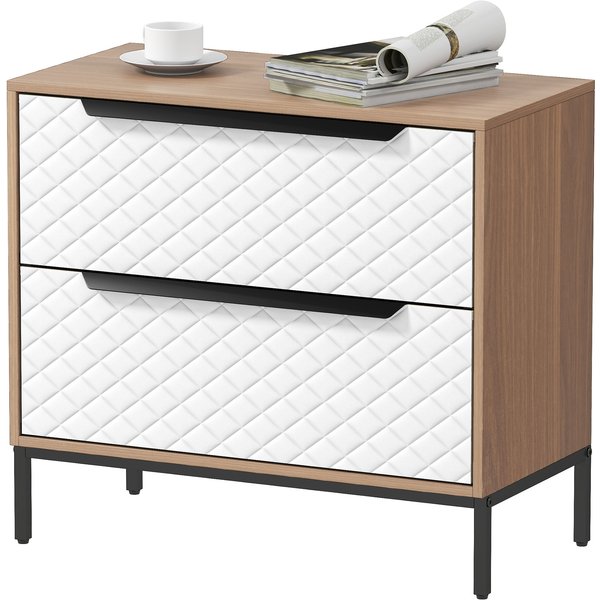 Homcom Commode Avec 2 Tiroirs En Tissu FaçAdes à Motif Losange Pour Salon Bureau Dressing Naturel Et Blanc-image