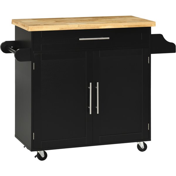 HOMCOM Kitchen trolley serving cart kitchen island, 1 spice rack, 1 towel rail, 109 cm x 40 cm x 89 cm, Black | Aosom Ireland