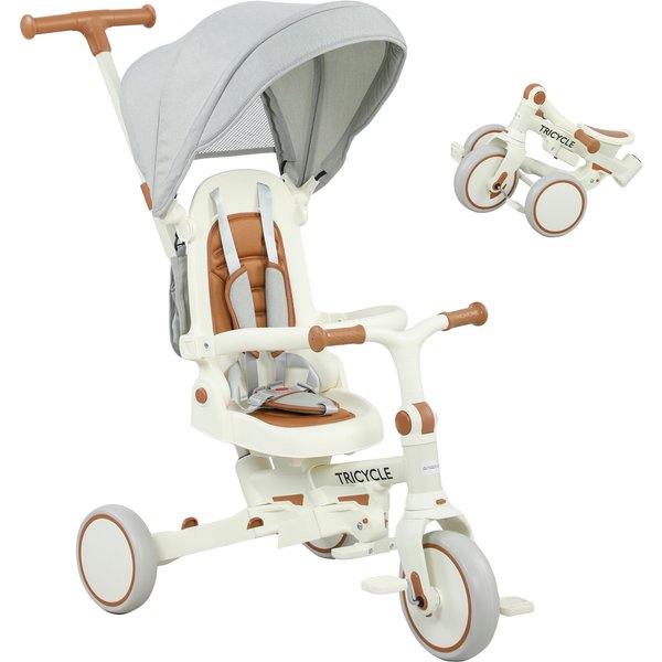 AIYAPLAY 5 in 1 Kids Trike with Adjustable Backrest, Toddler Tricycle with Push Handlebar, Adjustable Backrest, Cream White | Aosom Ireland