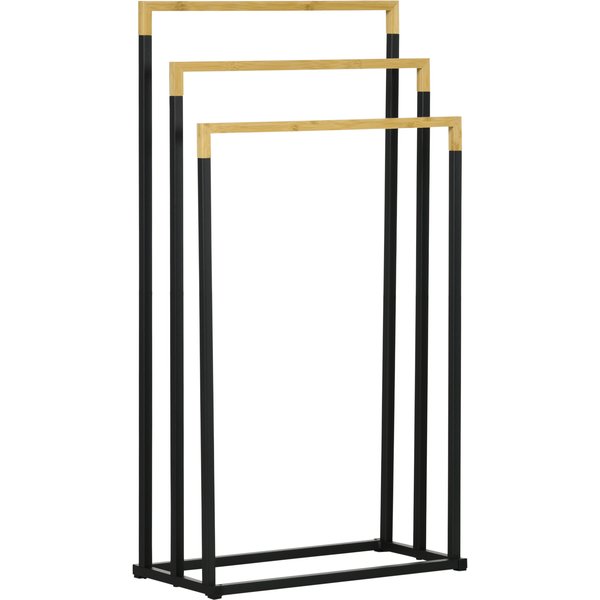 kleankin Bamboo and Steel Freestanding Towel Rack with 3 Towel Bars 45 x 22.5 x 86 cm black and natural | Aosom Ireland