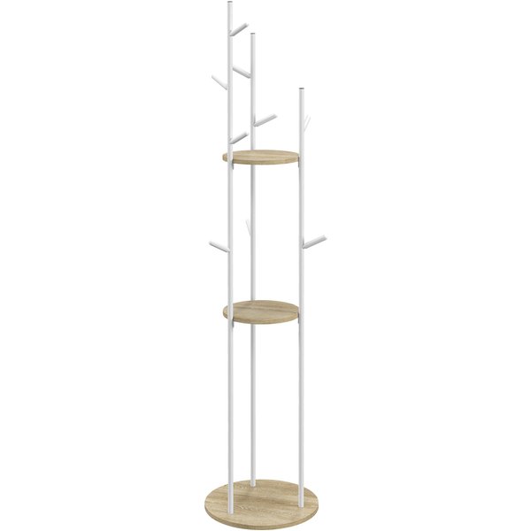 HOMCOM Freestanding coat rack entryway storage in steel with 9 hooks and 2 round shelves Ø 40 x 167 cm natural and white | Aosom Ireland