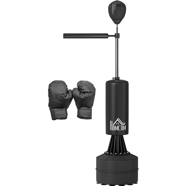 HOMCOM 155-205cm 3-IN-1 Freestanding Boxing Punching Bag Stand, Boxing Speed Trainer with Rotating Flexible Arm, Speed Ball, Fillable Base, Black | Aosom Ireland