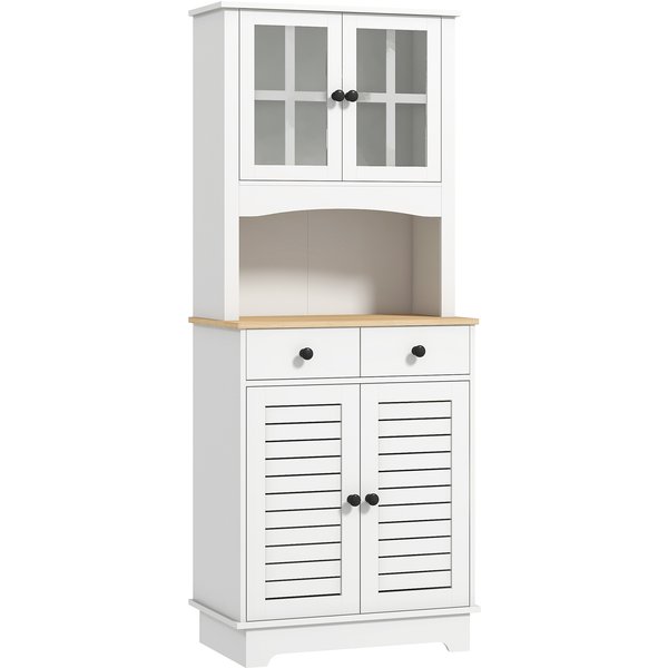 HOMCOM Kitchen cabinet with glass doors, 2 drawers, dish cabinet, dining room cabinet, wood, 68 x 39.5 x 170 cm, White | Aosom Ireland