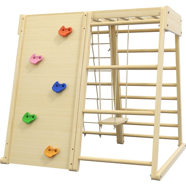 HOMCOM 5-in-1 Climbing Set with Swing, Climbing Wall, Rope and Wooden Monkey Bars for Kids | Aosom Ireland