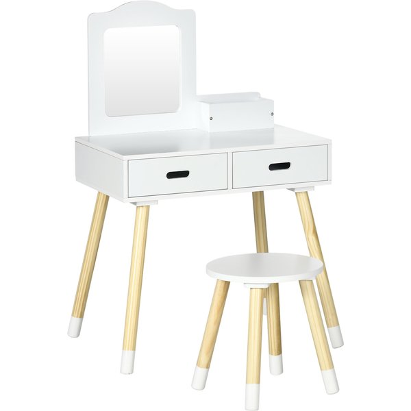 ZONEKIZ Kids Vanity Makeup Table with Stool, Mirror and 2 Drawers 3 to 6 Years 60 x 40 x 95 cm White and Wood | Aosom Ireland