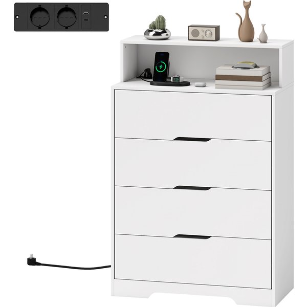 Homcom Commode De Chambre 4 Tiroirs Avec Station De Charge Port Usb Port USB-C éTagèRe Ouverte 80X40X120 Cm Blanc-image