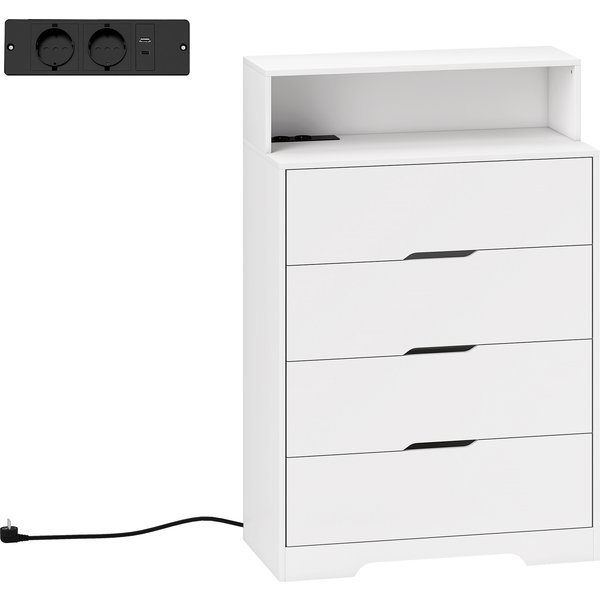 HOMCOM Kommode mit 4 Schubladen und Ladestation, Schlafzimmerkommode mit USB‑ und USB‑C‑Anschluss, offenes Fach, 80x40x120 cm, Weiß Aosom