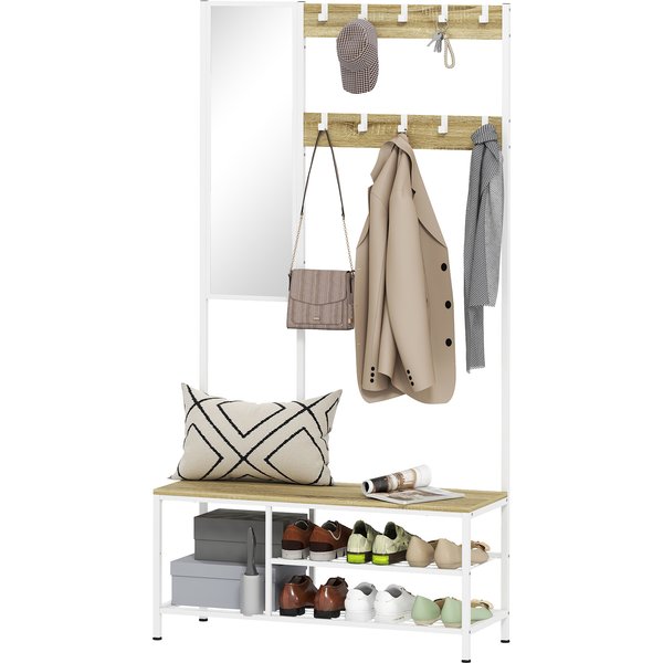 Homcom Porte-Chaussures Avec Miroir 3 éTagèRes Banc 10 Crochets RéGlables Style Moderne Pour Couloir 98X34X186 Cm Naturel-image