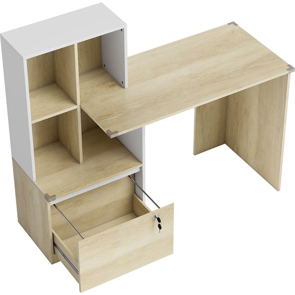 HOMCOM Computer Desk with 4-Compartment Bookcase and Lockable Drawer, 126 x 50 x 109 cm, Oak and White | Aosom Ireland