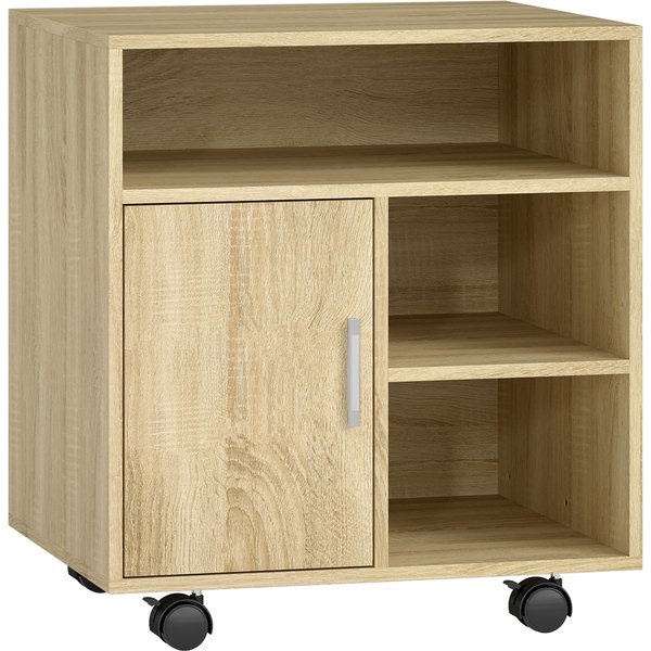 HOMCOM Druckermöbel auf Rollen, Druckerständer mit offenen Fächern und Tür, für Büro, Zuhause, Arbeitszimmer, 60x50x65,5 cm, Natur Aosom