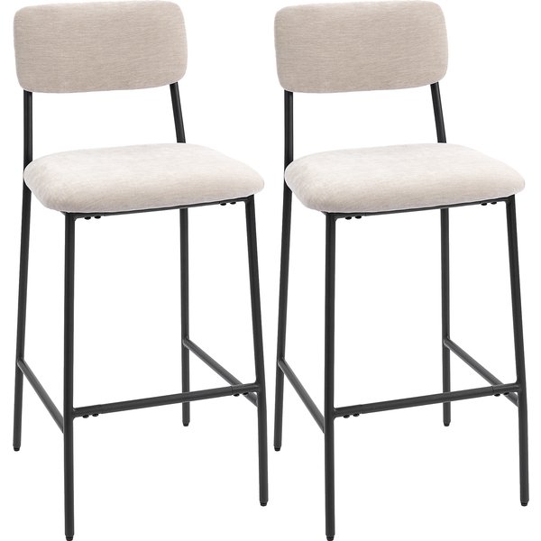 HOMCOM Set 2 Barhocker, Hohe Küchenhocker aus Chenille mit hoher Rückenlehne, Fußstütze und dick gepolstertem Sitz, Stahlgestell, Hohe Barstühle, für Kücheninsel, Esszimmer, Tresen, Creme Aosom