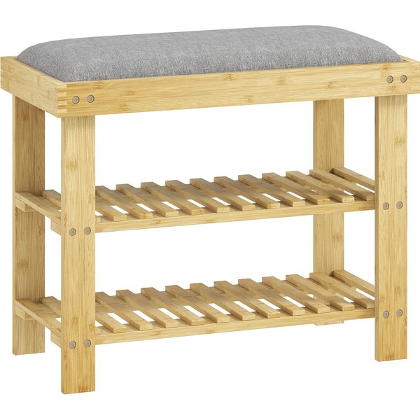 HOMCOM Shoe Bench with Seat, Bamboo Storage Bench, 2 Open Compartments, Bench 60 x 29 x 49 cm Grey | Aosom Ireland