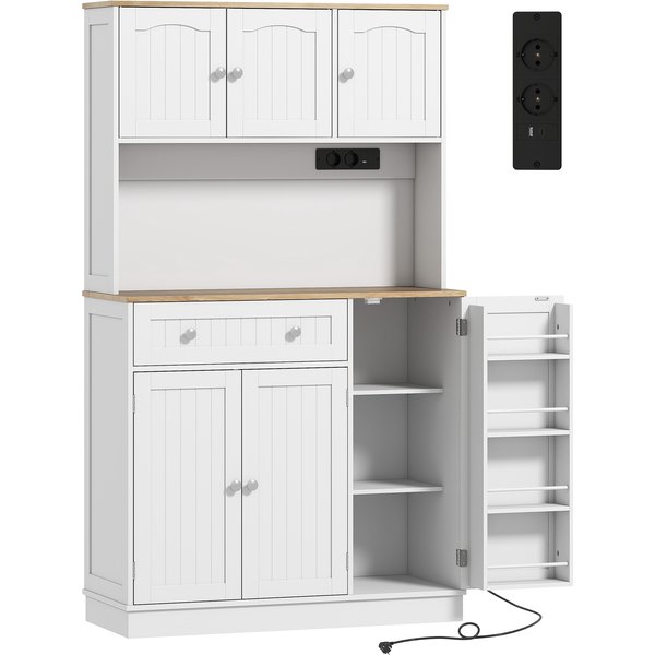 HOMCOM Hoher Küchenschrank mit Ladestation, Küchenschrank, 6 Türen, Arbeitsfläche, 4 Gewürzhalter, verstellbare Einlegeböden, Aufbewahrungsmöbel für Wohn- und Esszimmer, 100x40x173cm, weiß Aosom