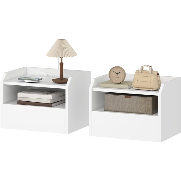 Homcom Lot De 2 Tables De Chevet Flottantes Avec Station De Charge Tiroir ÉTagèRe Ouverte 40X29X29 Cm Blanc-image