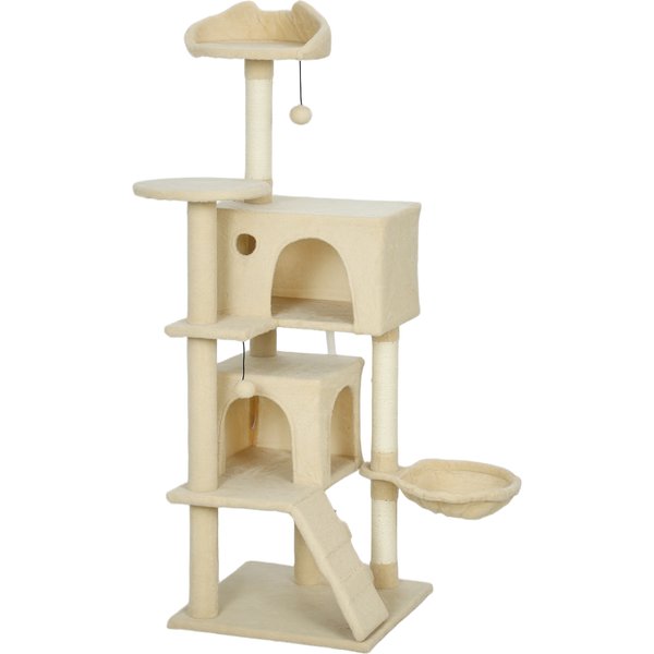 PawHut 140cm Large Cat Tree Tower with Sisal Scratching Posts, Condos, Plush Perches, Hammock, Ladder, Beige