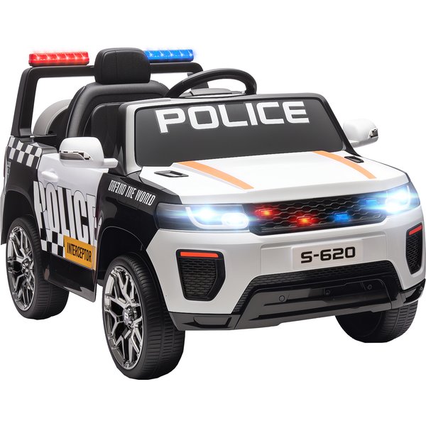 AIYAPLAY Kinder-Polizeiauto Elektro, 12V Batteriefahrzeug, mit Doppelmotor, 2,4 G Fernbedienung, 4-Rad-Federung, Sirene, LED-Scheinwerfer, USB-Anschluss, Bluetooth und Musik, Weiß Aosom