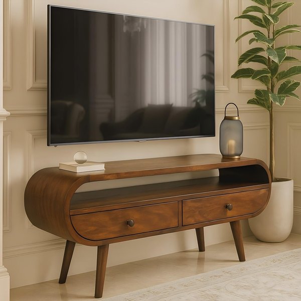 100% Solid Mango Wood Round TV Stand with 2 Smooth‑Gliding Drawers and Open Slot, Table for Living Room, 35L x 90W x 45H cm, Brown Aosom UK