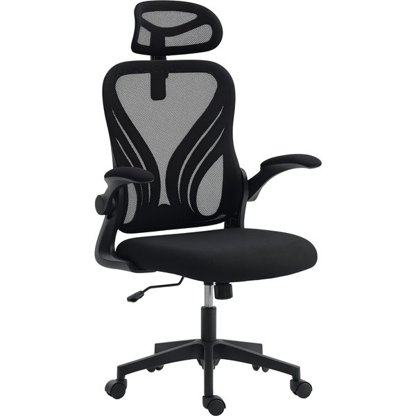 HOMCOM Ergonomischer Bürostuhl mit klappbaren Armlehnen und klappbarer Rückenlehne, Schreibtischstuhl mit Wippfunktion, verstellbare Kopfstütze, drehbar, Schwarz Aosom