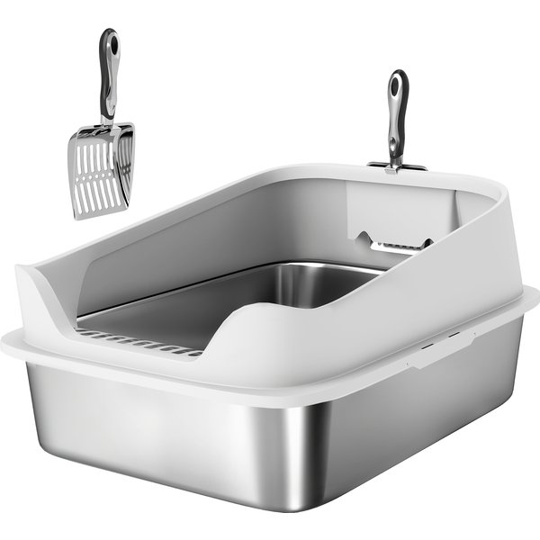PawHut Stainless Steel Open Cat Litter Box with Scoop, High-Rim for Large Cats up to 7 kg, 60.2 x 40.2 x 29.7 cm, Gray | Aosom Ireland