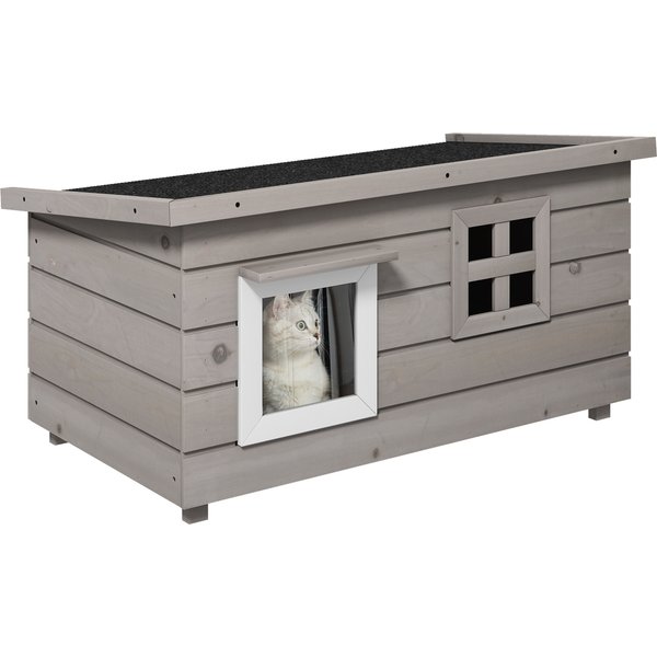 PawHut Katzenhaus Katzenhütte mit Asphaltdach 87x52x48cm Winterfest für Outdoor Katzenhöhle Tannenholz Grau Schwarz Aosom.de