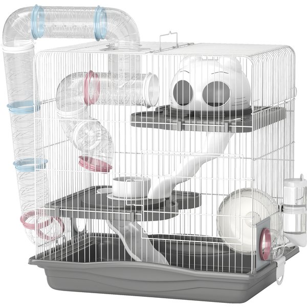 PawHut Hamsterkäfig 3 Ebenen mit 14 Röhren, Häuschen, Rampe, Näpfe, Wasserbehälter und tropfsichere Schale, Hamsterkäfig aus Metall und Kunststoff, 45x30x45 cm, Grau Aosom