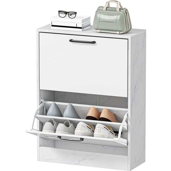 Homcom Meuble à Chaussures éTroit 2 Portes Haute Brillance éTagèRes RéGlables Design Marbre Pour 8 Paires De Chaussures 60X24X80 Cm Blanc-image