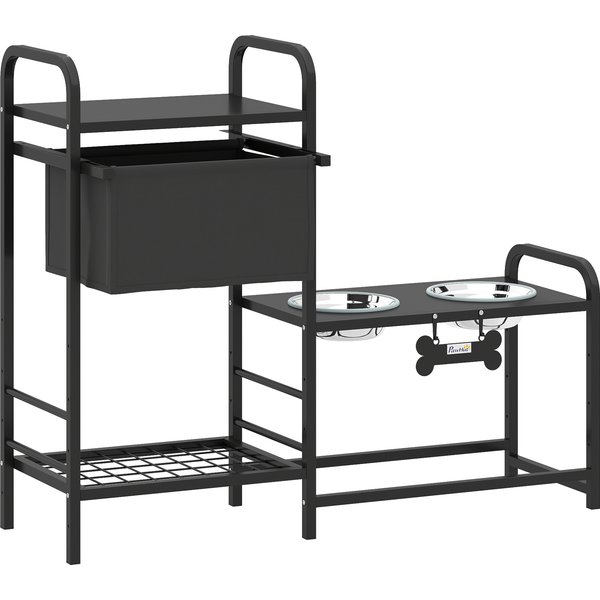 Pawhut Gamelle SuréLevéE RéGlable En Hauteur Avec Rangement, Bol D'eau, 2 X 800 Ml Bols En Acier Inoxydable 89,5X27X74 Cm Noir-image