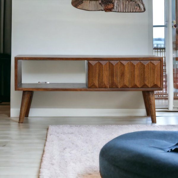 Solid Mango Wood Media Unit with Sliding Door and Open Slot Storage, Hand-finished Table with Unique Grain, 35L x 88W x 40H cm, Brown Aosom UK