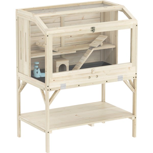 PawHut Hamster cage, 2 levels, small pet cage with storage compartment, accessories, 84 x 53 x 110 cm, Natural wood | Aosom Ireland