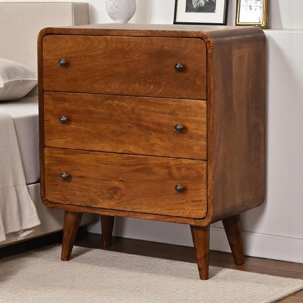 Wood Bedside Table with 3-Drawers, Curved Chest of Drawers with Deep Stain Finish for Living Room, Brown Aosom UK