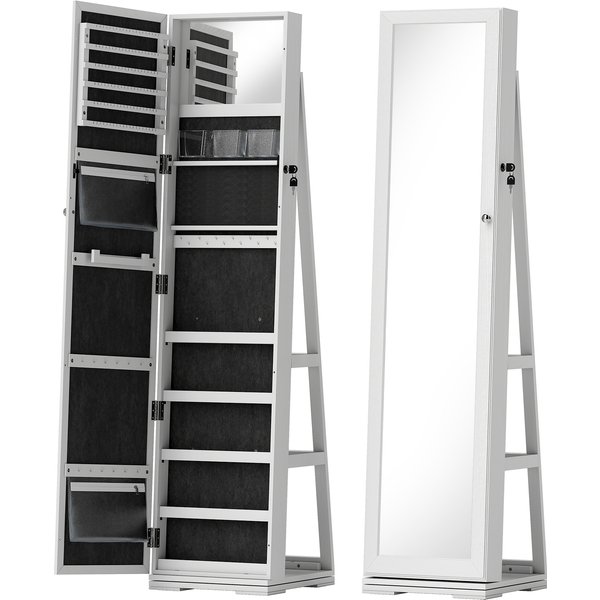 HOMCOM 360° Swivel Jewellery Cabinet, Mirror Armoire, Full Length Mirror, Lockable Jewellery Organizer with Built-In Small Mirror, White | Aosom Ireland