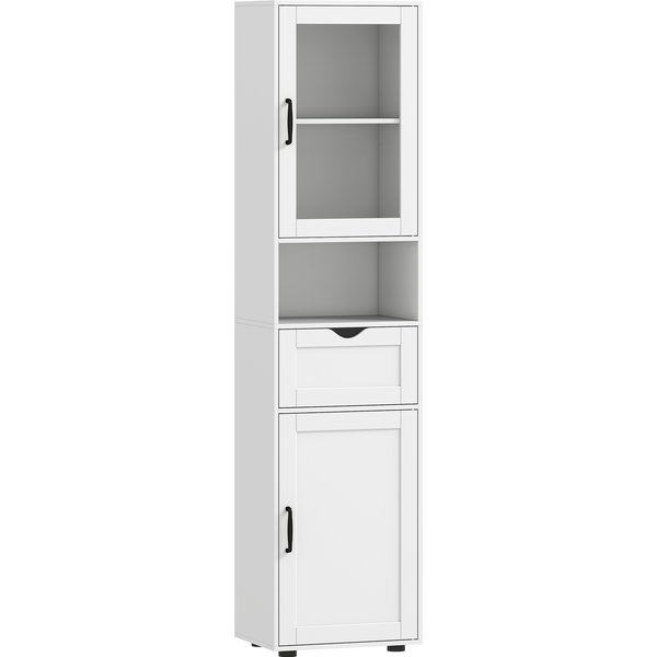 HOMCOM Hochschrank Bad Slim mit Glastüren, platzsparender Badezimmerschrank mit offenem Fach, Schublade, verstellbaren Einlegeböden, moderner Säulenschrank, 40x30x165 cm, Weiß Aosom