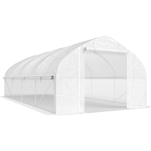 Outsunny Gewächshaus für Außenbereich, 6x3x2 m, Tunnelgewächshaus mit 8 Fenstern, PE-Abdeckung, UV-Schutz und aufrollbarer Tür mit Reißverschluss, seitliche Netzwände, für Pflanzen, Weiß Aosom
